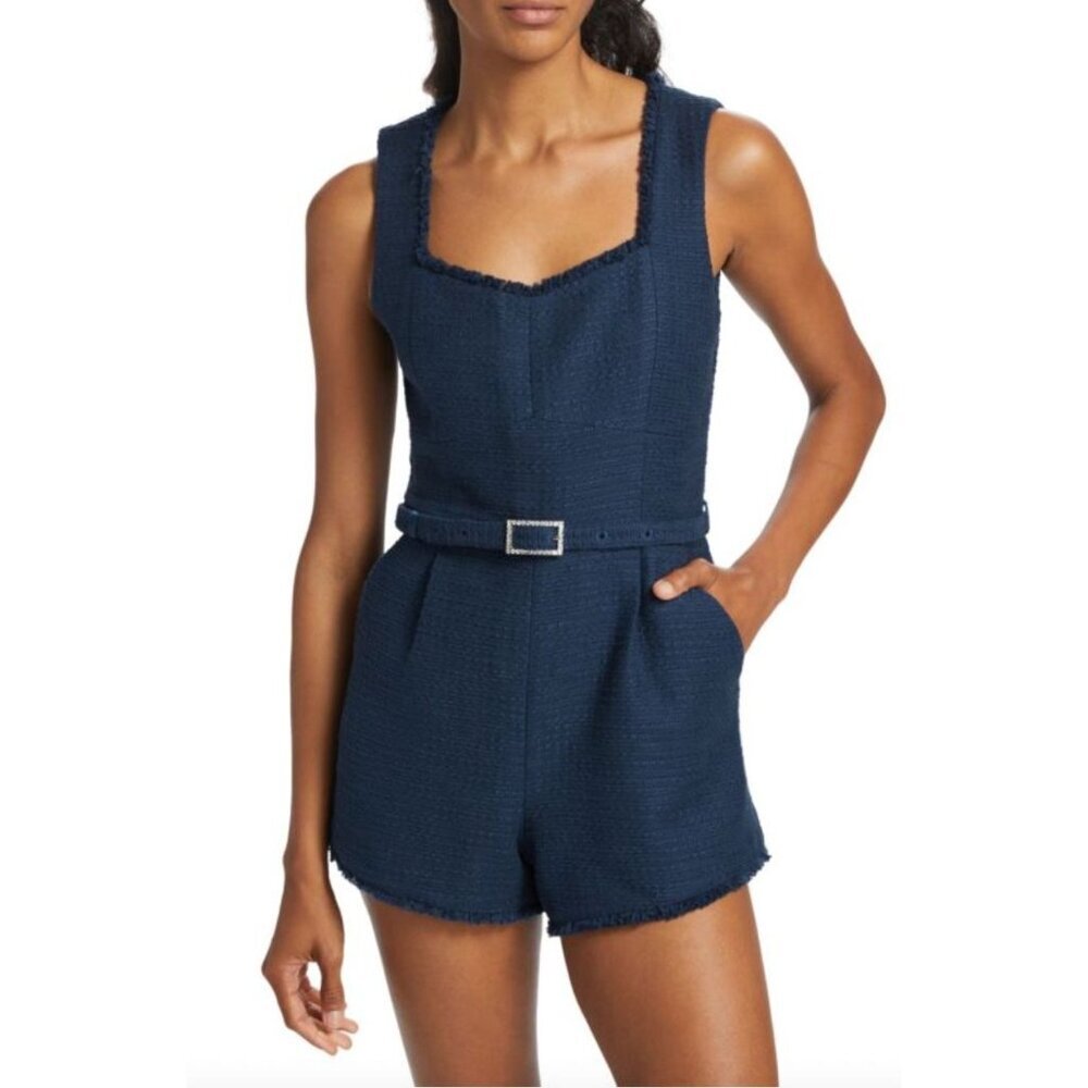NWT Generation Love Sage Belted Tweed Sleeveless Romper Navy Blue Sz 8 $365 [jb]